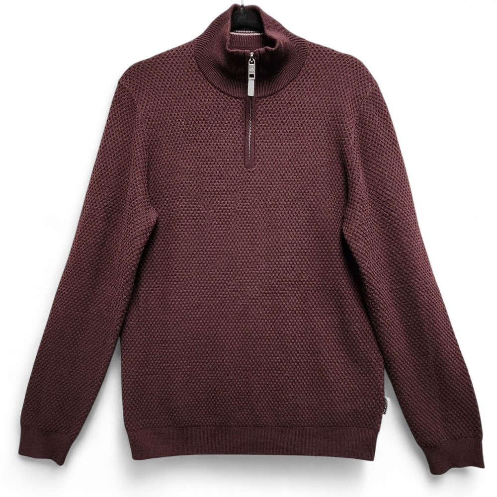 Ted Baker Sweater Mens Size 3 Small Deep Wine Acrylic Wool Waffle Knit 1/4 Zip‎